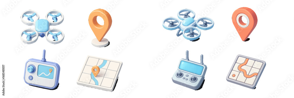 Poster set of 3d drone and navigation icons including quadcopter, remote controller, map, and location pin 