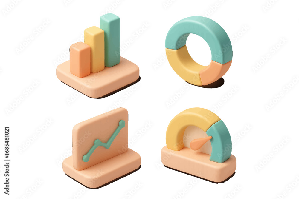 Poster 3d business analytics icon set with bar chart, pie chart, line graph, and speedometer for data visua