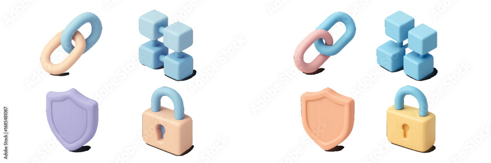 Aufkleber isometric 3d icon collection for cybersecurity and blockchain technology featuring padlock, shield, 