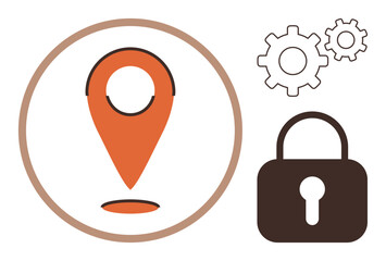 Orange location pin, brown lock, and gears symbolize security, data protection, and process improvement. Ideal for technology, privacy, logistics, business planning system security innovation