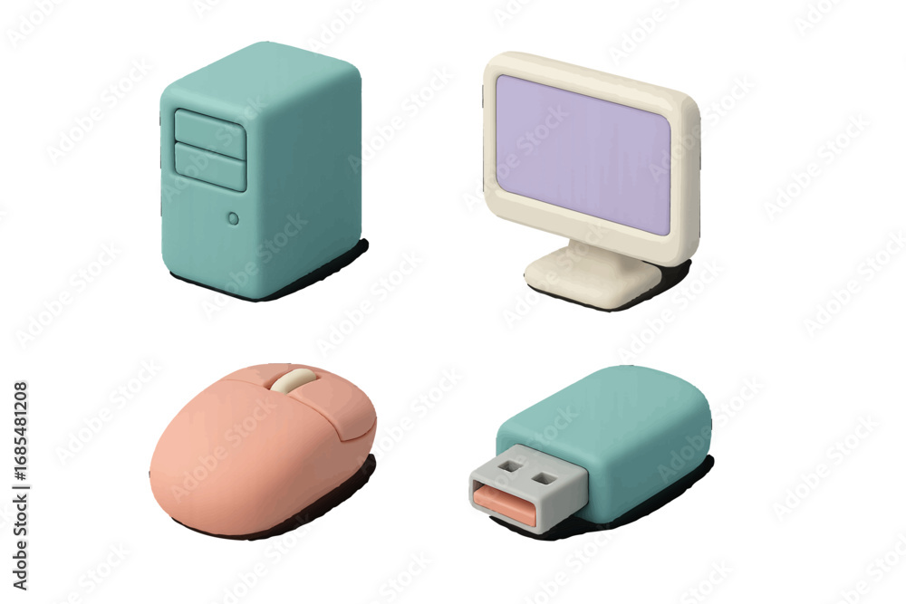 Poster isometric computer hardware icon set with monitor, cpu, mouse, and usb flash drive in a modern paste