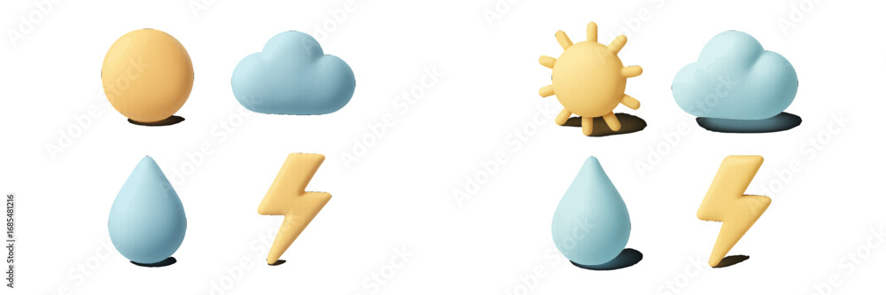 Poster 3d weather forecast icon set with sun, cloud, rain, and lightning bolt symbols for a meteorology app