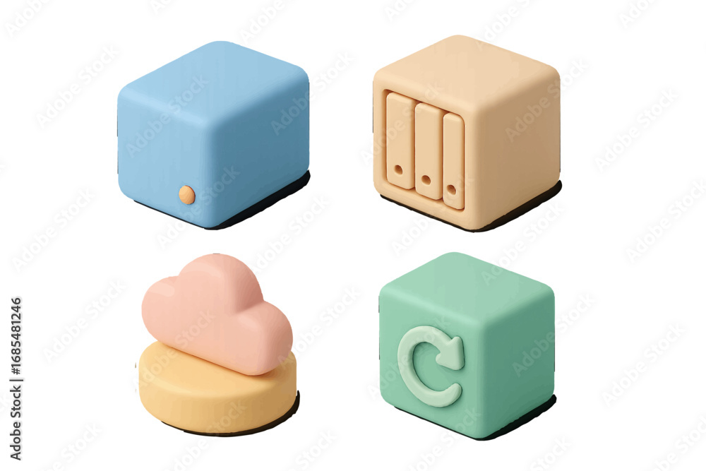 Aufkleber set of 3d isometric icons for data storage, cloud computing, archive, and backup sync in soft pastel