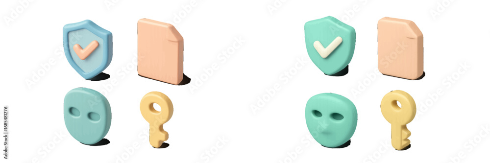 Poster glossy 3d icons for cybersecurity and data privacy, featuring a shield, key, anonymous mask, and sec