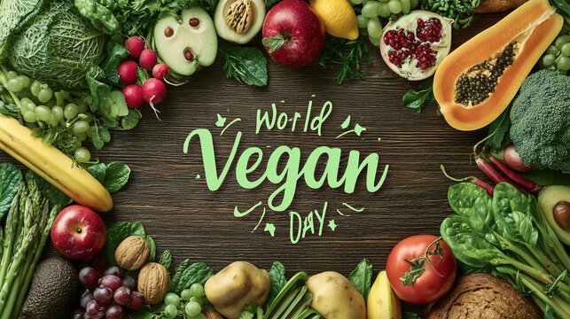 World Vegan Day poster with text "World Vegan Day" surrounded by fresh greenery, vegetables and colorful fruit. Poster, wallpaper mockup for healthy food awareness. Vegan, vegetarian day.