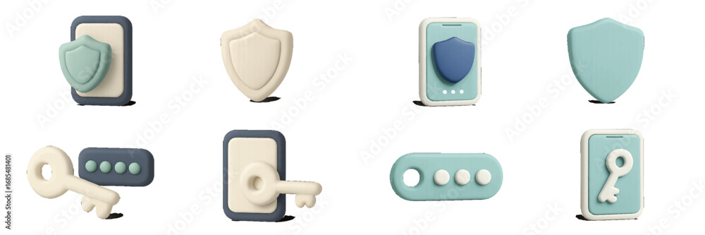 Poster 3d security icon set with smartphone, shield, key, and password symbols for cybersecurity and data p