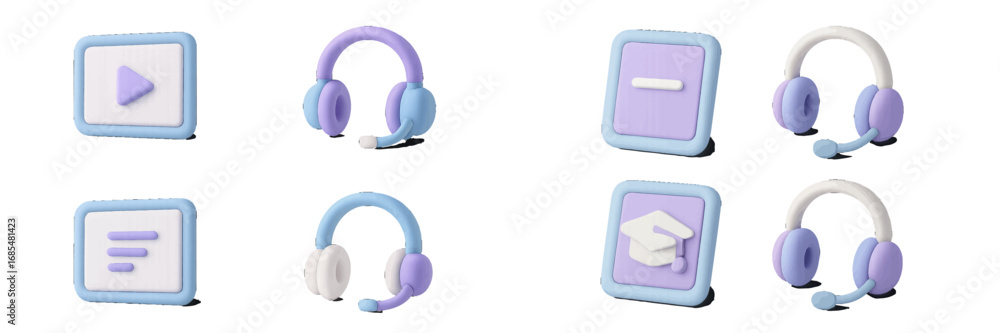 Poster icon set for online education and e-learning featuring a graduation cap, headphones, and play button