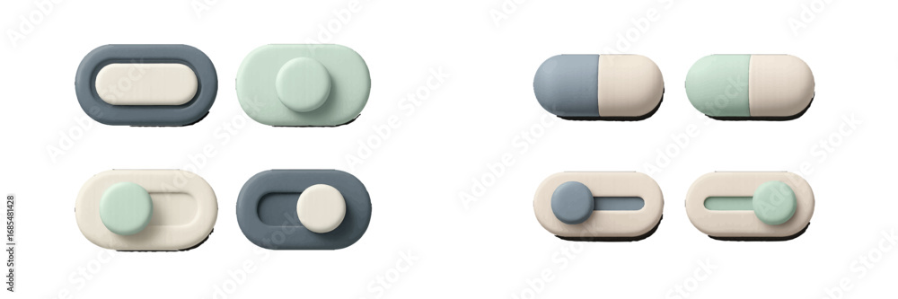 Poster set of modern 3d ui toggle switches and buttons for user interface design in on and off states isola
