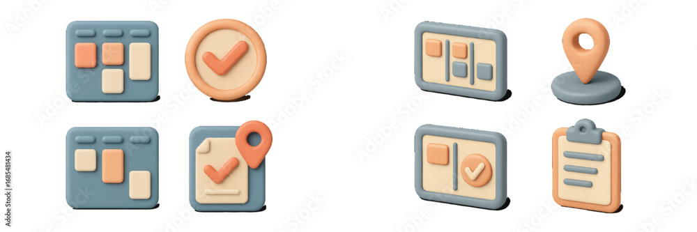 Poster 3d icon set for task management and business planning with location pin, checkmark, and clipboard sy