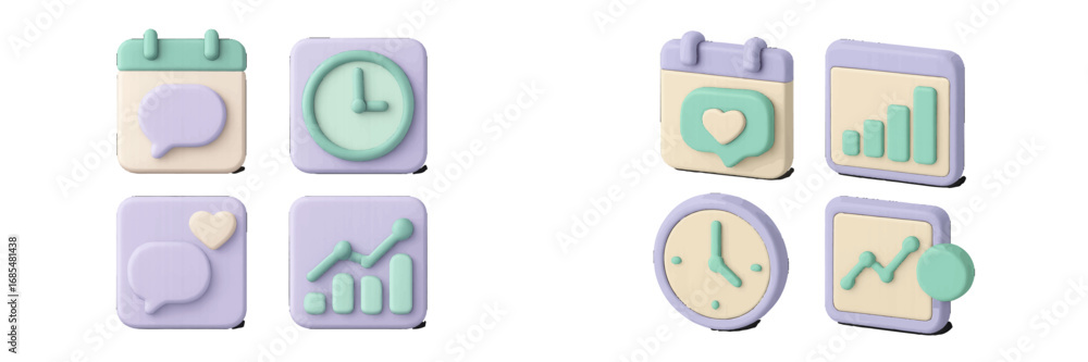 Poster pastel 3d icon collection for business and social media featuring calendar, clock, graph, and chart 