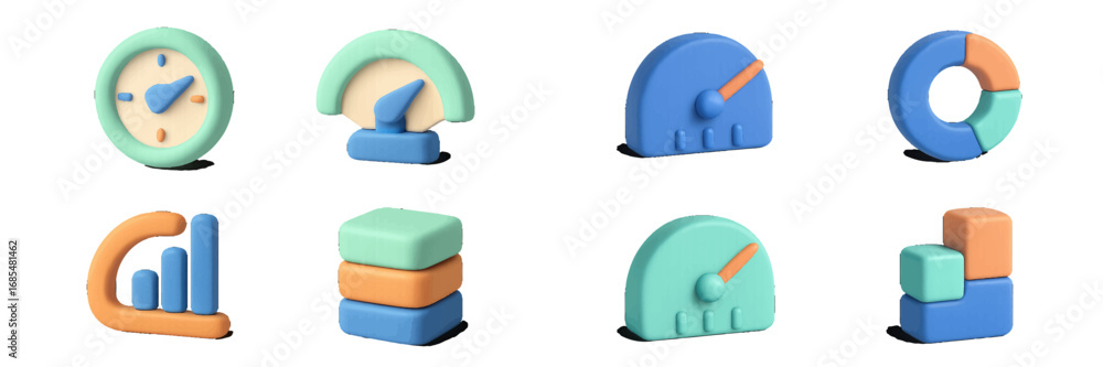 Poster set of 3d style business icons for data analytics and performance metrics featuring clock, speedomet