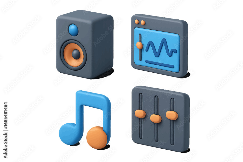 Poster 3d music and audio production icon set with speaker, sound wave, musical note, and mixing console fo