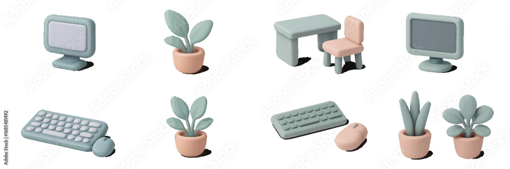 Poster 3d icons set with computer monitor keyboard mouse desk chair and potted plants isolated on white bac