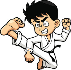 Cartoon martial artist performing high kick in traditional karate gi, black belt fighter action pose, dynamic sports training, flat vector illustration
