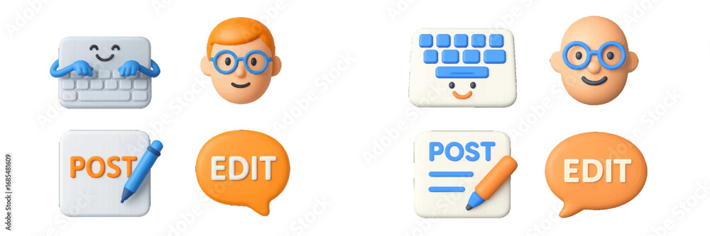 Poster colorful 3d icon set for blogging and content creation featuring user avatar, keyboard, and post or 