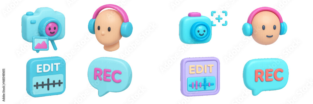 Aufkleber 3d media creation icon set for user interface design featuring photography, audio recording, and edi