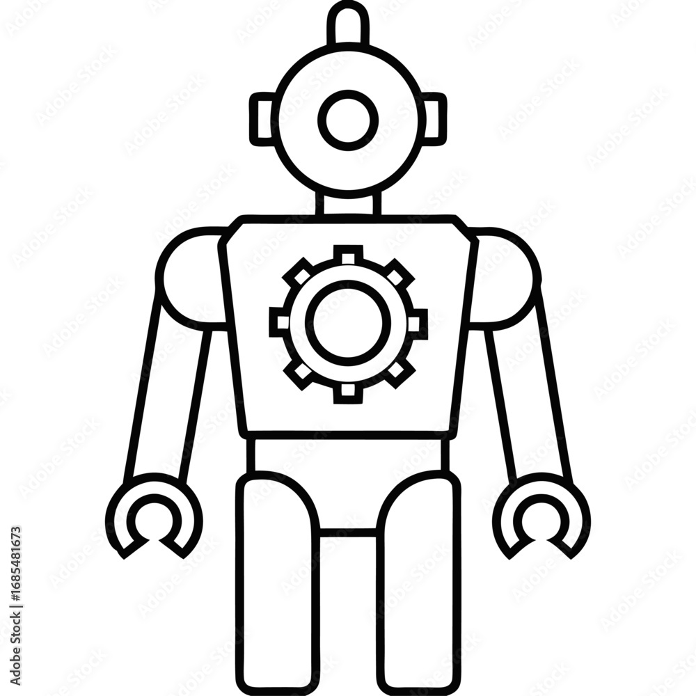 Poster detailed line art automation bot with gear at chest isolated on transparent background