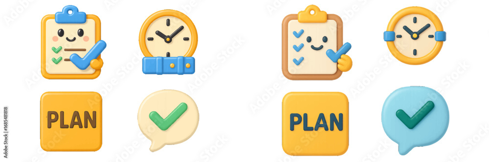 Poster 3d icon set for time management and project planning with cute clipboard checklist, clock, and check