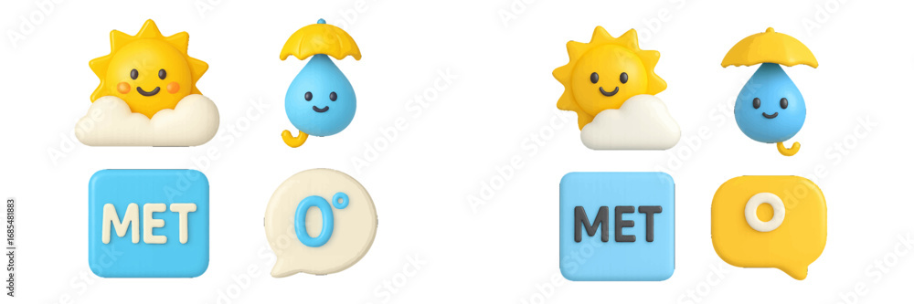 Poster 3d weather icon set with cute sun, cloud, and rain characters for meteorology app user interface des