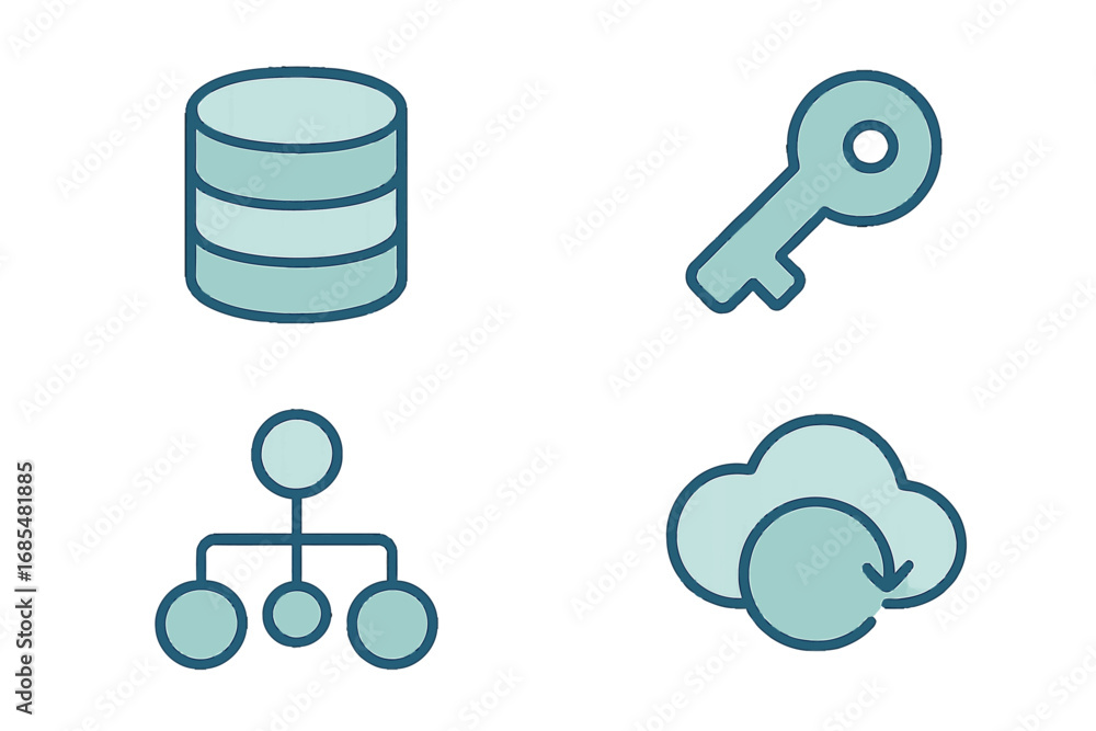 Aufkleber set of technology icons for data management, cloud computing, security, and network structure isolat