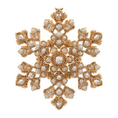 Ornate snowflake-shaped brooch, intricately detailed with numerous small diamonds or gemstones, set in a gold-tone metal