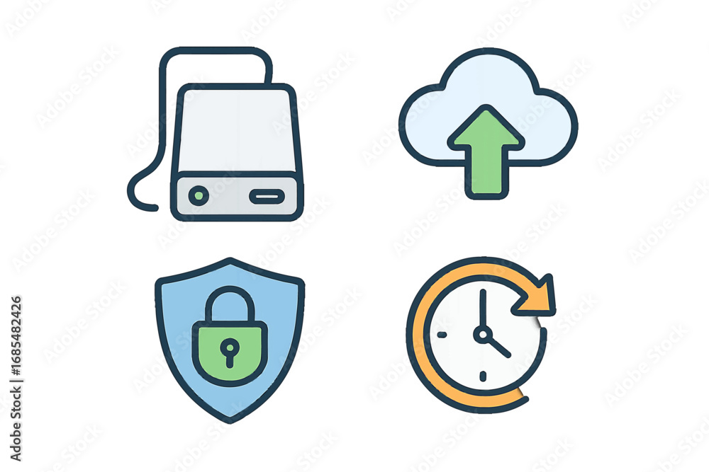 Poster modern collection of digital data storage cloud computing security and backup system outline icons f