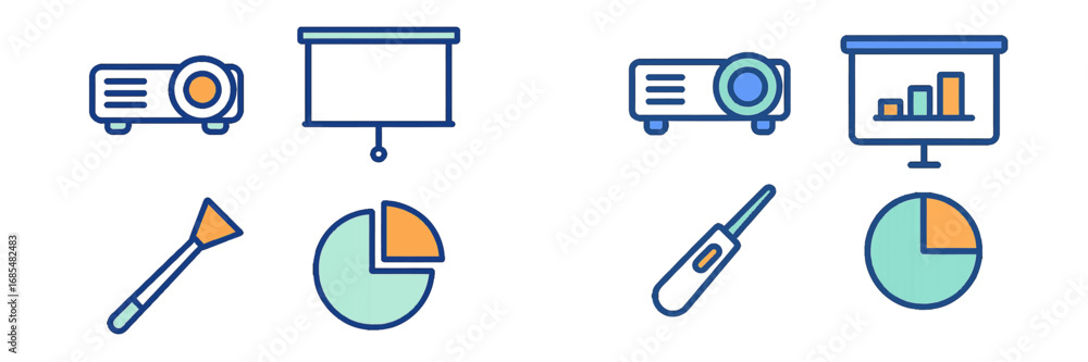 Poster digital presentation and data visualization icons featuring projector, screen, pointer, and statisti