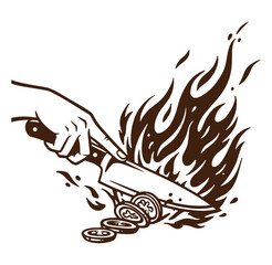Naklejka premium Hand slicing tomato slices with a knife near flames illustration in brown line art