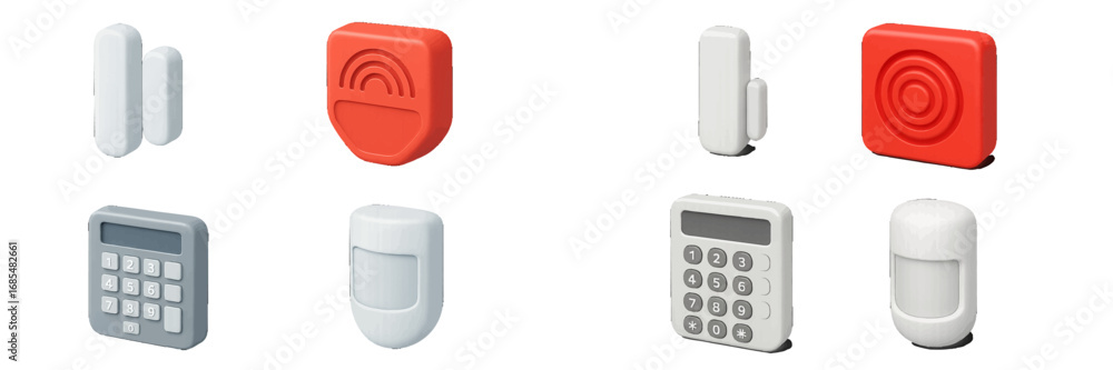 Poster set of modern home security system components including alarm sensors, motion detectors, and a digit