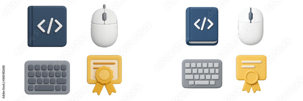 Poster essential technology and education icons featuring programming book, computer mouse, keyboard, and c