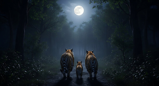 Photo: a forest backdrop with a tiger, moonlight, nighttime