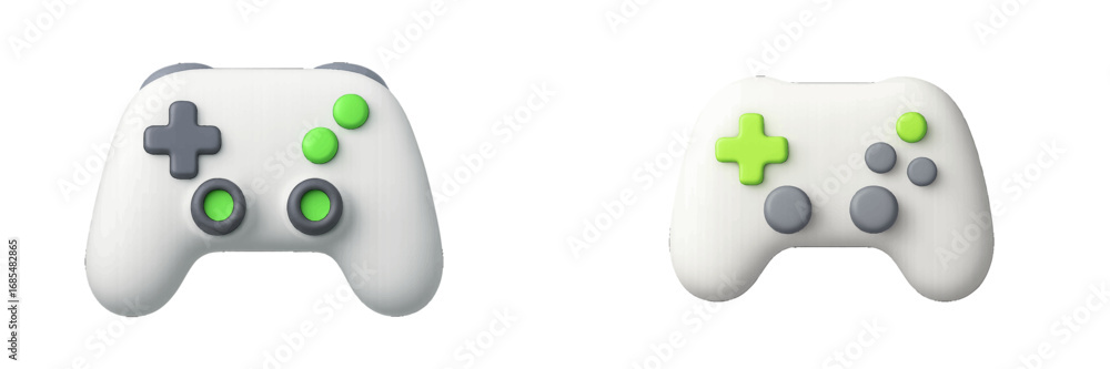 Poster two modern white game controllers with vibrant green and grey buttons for immersive digital entertai