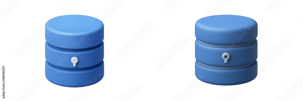 Poster blue cylindrical database icon with a white lock and question mark symbols representing data securit