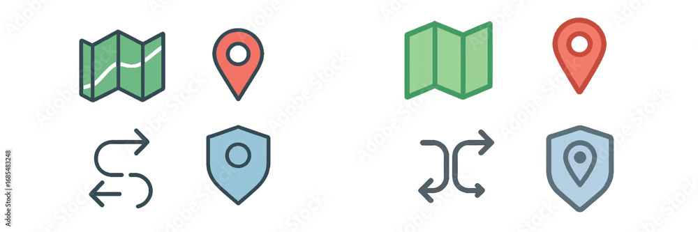 Poster collection of navigation and location icons including folded maps, gps pins, route arrows, and secur