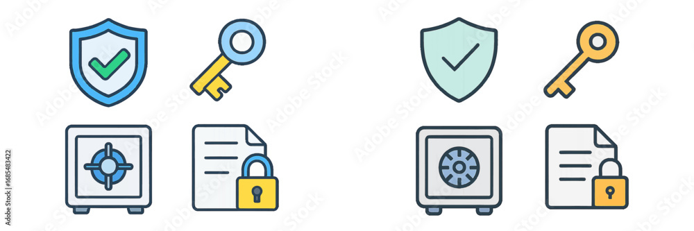Poster security and data protection icon set with shield, key, safe, and locked document symbols for web an