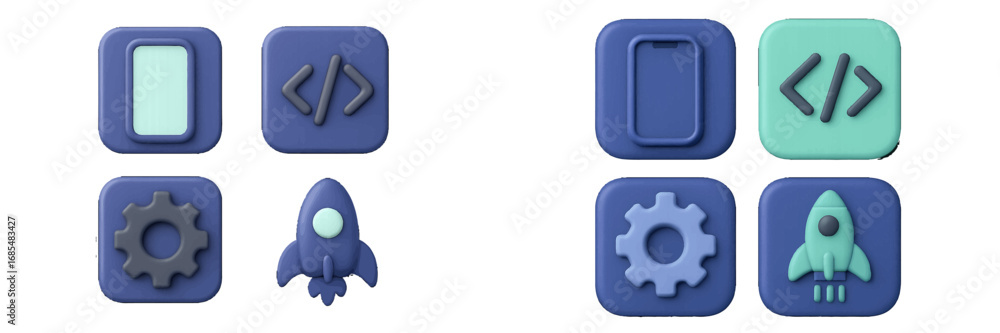 Aufkleber modern 3d icon set for technology startups and mobile app development with symbols for coding, setti