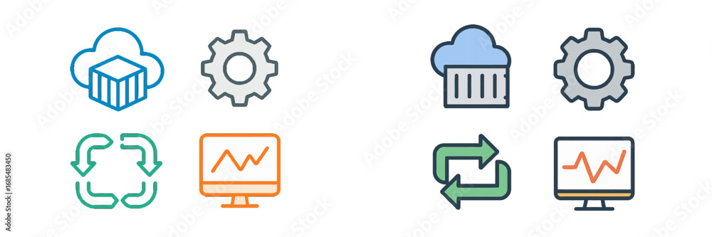 Poster minimalist icon pack for it infrastructure and devops concepts including cloud deployment, configura