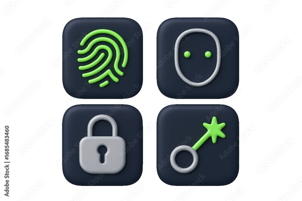 Aufkleber 3d security icon set with fingerprint scanner, face recognition, padlock, and key for user authentic