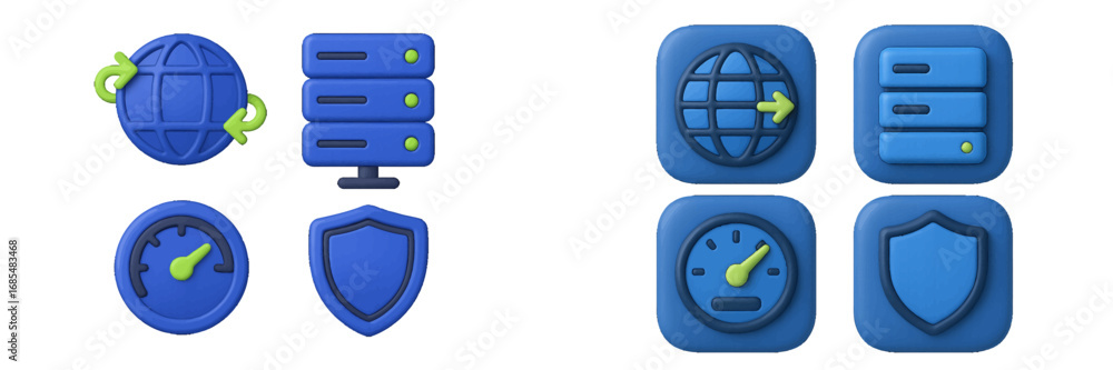 Aufkleber 3d internet and web hosting icon set with symbols for global network, server database, connection sp