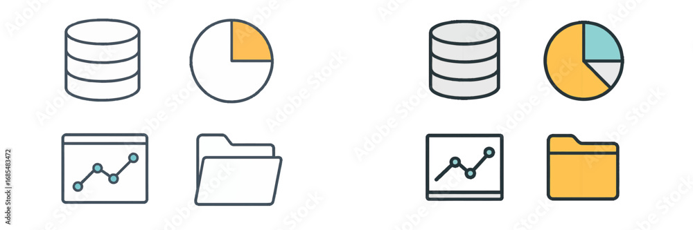 Aufkleber data analysis and business intelligence icon set with database, pie chart, line graph, and folder sy