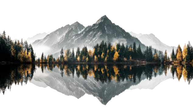 Majestic mountain range mirrored in a calm lake, autumnal colours - Powered by Adobe