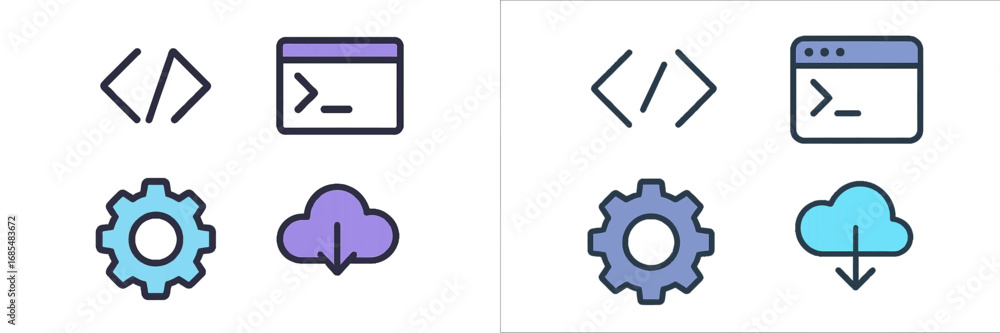 Poster set of programming and development icons including code, terminal, settings, and cloud download symb