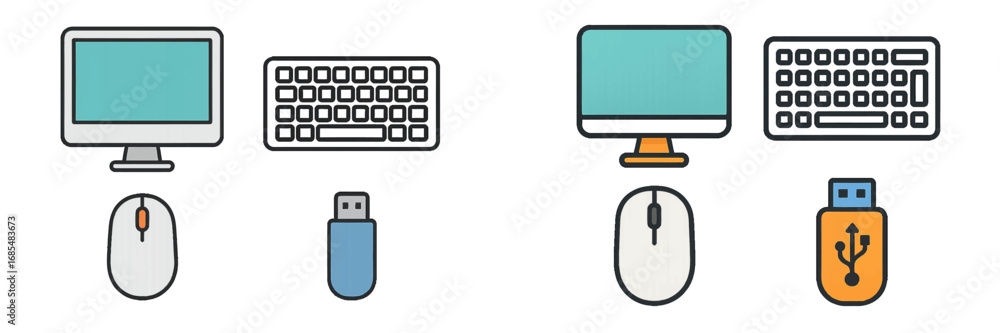 Aufkleber computer hardware and peripheral device icon set with monitor, keyboard, mouse, and usb flash drive 