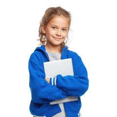 Obraz premium Smiling schoolgirl with tablet on transparent background