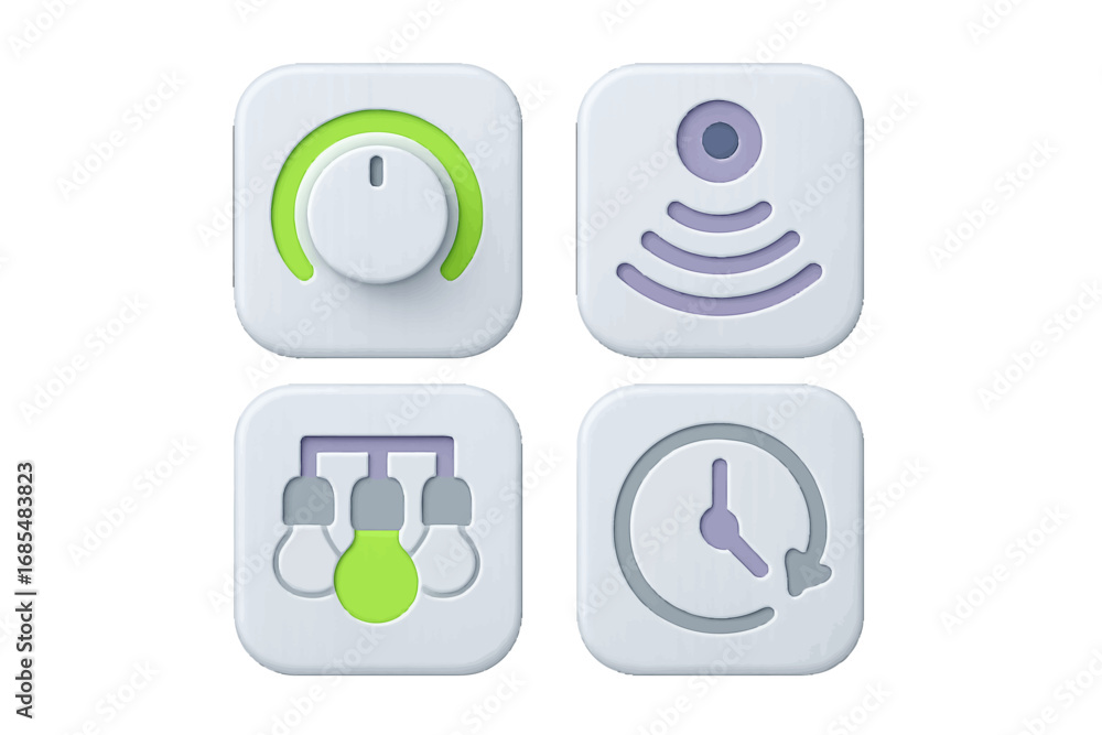 Poster smart home control icons set with dimmer switch, motion sensor, light group, and timer for home auto