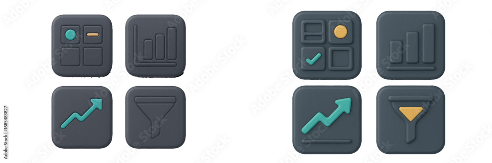 Aufkleber set of 3d user interface icons for data analytics and business intelligence including dashboard, bar