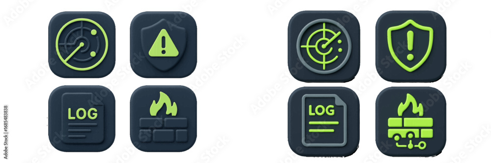 Poster cybersecurity icon set with firewall, radar scanner, security alert, and log symbols for network pro