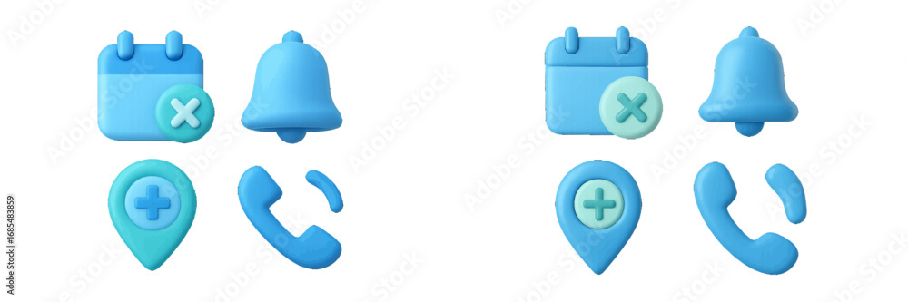 Poster 3d user interface icon set with calendar, notification bell, location pin, and phone symbols for web