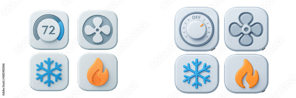 Poster smart home climate control ui icon set featuring a temperature dial, fan speed adjustment, and heati