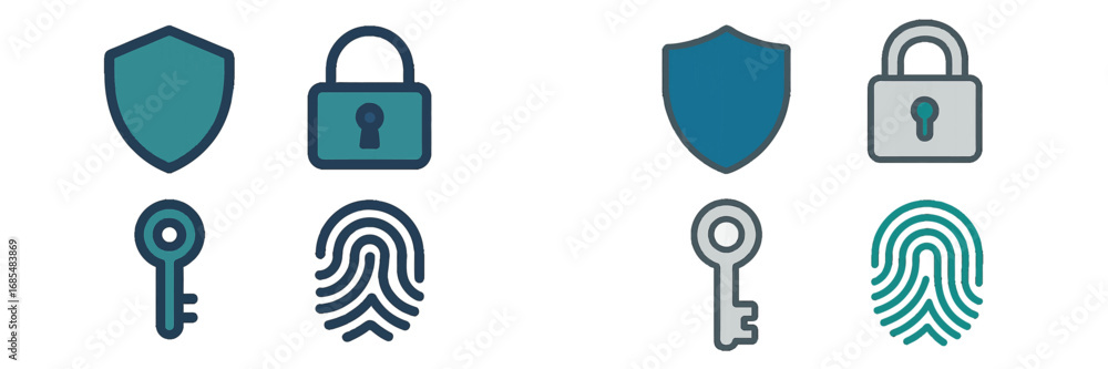 Poster security and authentication icon set with padlock, key, shield, and fingerprint symbols for cybersec